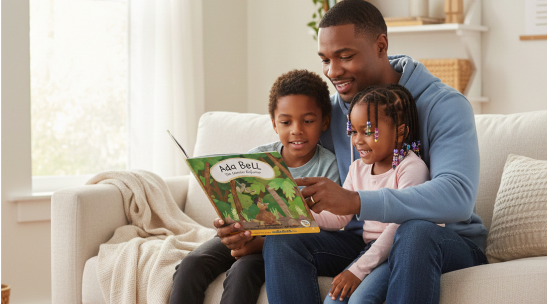 Dad and children reading Spanish One Third Stories book
