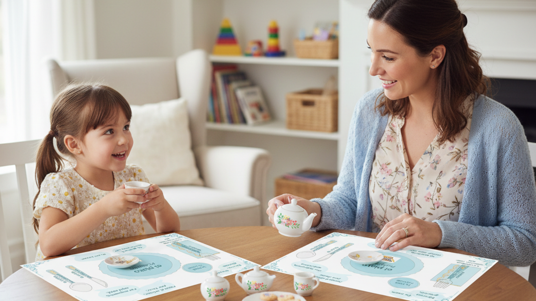 Mom and child learn Spanish with tea party
