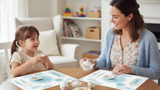 Mom and child learn Spanish with tea party