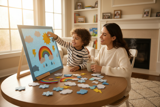 Mother and child practicing Spanish weather words with felt board