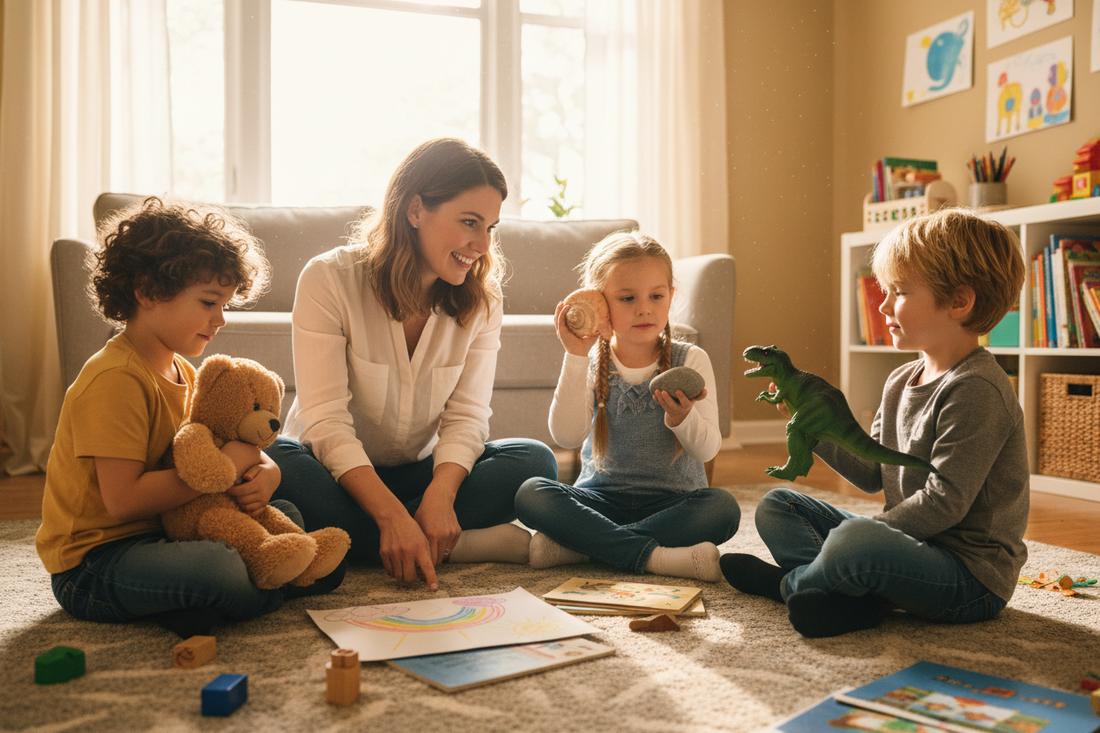 Mom and children playing show and tell to practice language skills
